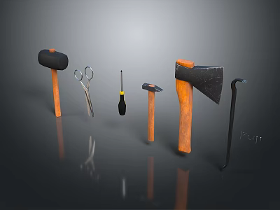 Various Hand Tools Collection Featuring Hammer Scissors Screwdriver Axe And Crowbar Set 3d model