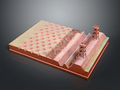 Cartoon Scene Of Red Model Structure With Towers Circular Patterns And Stepped Design 3d model