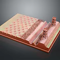 Cartoon Scene Of Red Model Structure With Towers Circular Patterns And Stepped Design