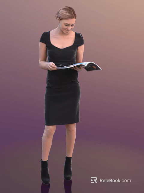 A Woman in Black Dress Holding an Open Book Against Purple Gradient Background 3d model 