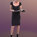 A Woman in Black Dress Holding an Open Book Against Purple Gradient Background