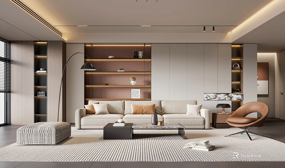 Modern Living Room Interior With Beige Sofa Pillows Striped Rug Coffee Table And Bookshelf 3d model 