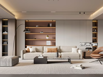 Modern Living Room Interior With Beige Sofa Pillows Striped Rug Coffee Table And Bookshelf 3d model