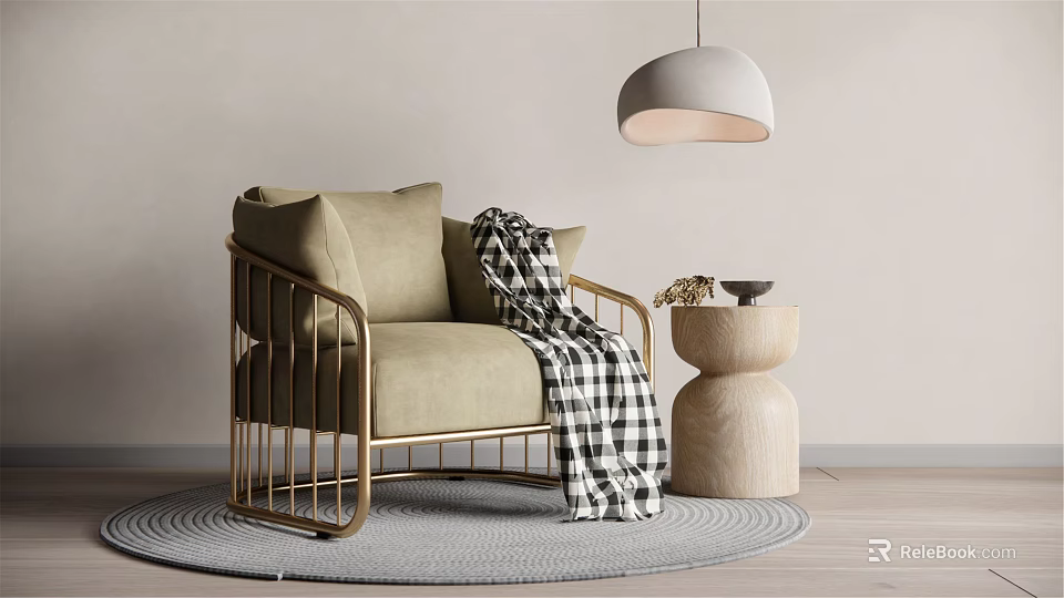 Single Sofa With Beige Cushion Gold Metal Frame Black White Checkered Blanket Round Gray Rug 3d model 