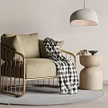 Single Sofa With Beige Cushion Gold Metal Frame Black White Checkered Blanket Round Gray Rug