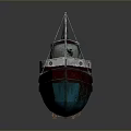 Weathered Old Boat With Red Blue Hull Mast And Deck Equipment