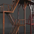 Industrial Metal Staircase With Multiple Platforms Red Railings And Support Columns 3d model