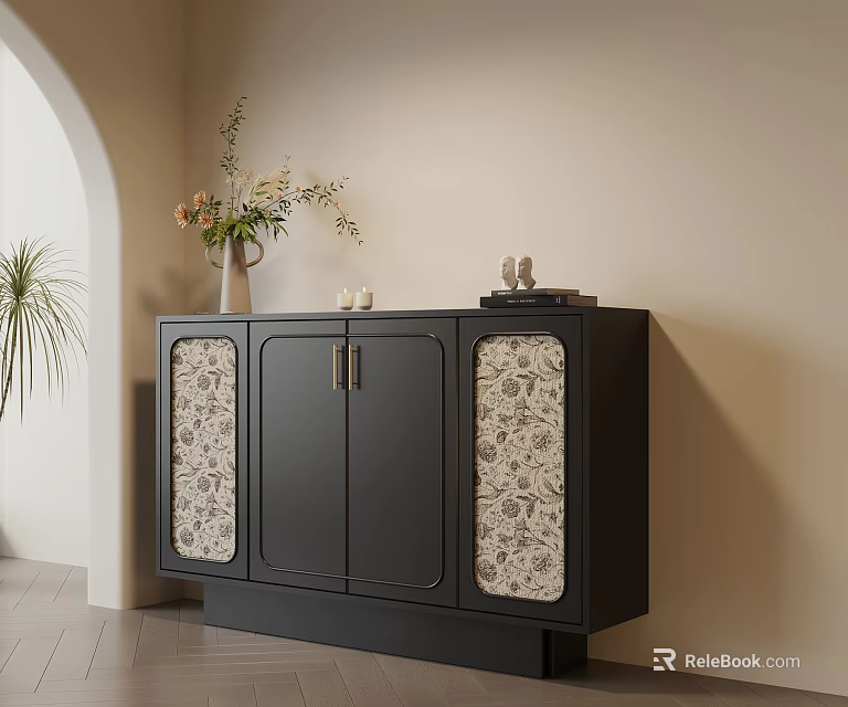 Modern Black Console Cabinet With Patterned Doors And Top Vase Plant Decor 3d model