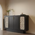 Modern Black Console Cabinet With Patterned Doors And Top Vase Plant Decor 3d model