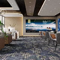 Modern Leisure Area With Sofa Chairs Green Plants And Large Decorative Painting