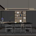 Modern Restaurant Interior Design With Dining Table Chairs And Decorative Shelves 3d model