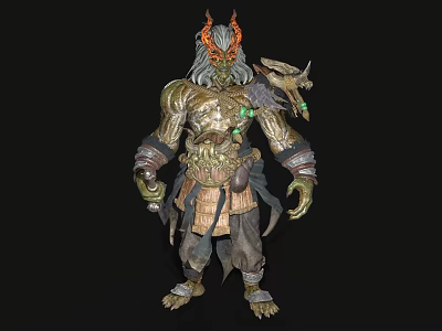 Mythical Horned Warrior Character With Ornate Armor Green Gemstone Decorations And Shoulder Accessory 3d model