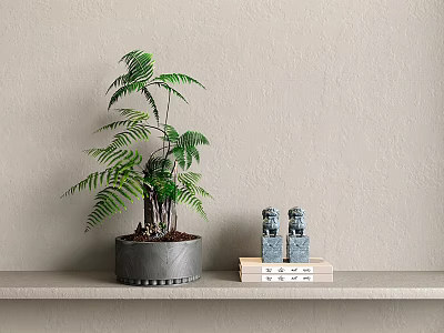 Fern Plant in Gray Pot on Shelf with Books Blue Figurines against Light Gray Wall 3d model