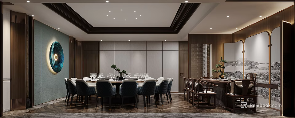 Modern Private Dining Room With Round Table Chairs And Green Plants 3d model