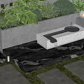 Outdoor Water Fountain Feature With Lush Greenery Stone Path And Ambient Lighting