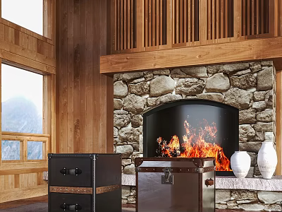 Rustic Interior Side Cabinets By Stone Fireplace With Burning Fire White Vases And Mountain View 3d model