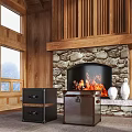 Rustic Interior Side Cabinets By Stone Fireplace With Burning Fire White Vases And Mountain View