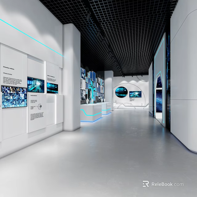 Tech Inspired Exhibition Hall With White Walls Blue Lighting Screen Displays And Corridor Layout 3d model 