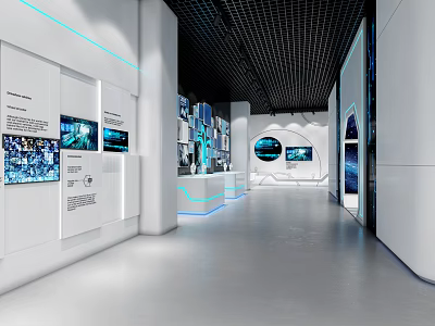Tech Inspired Exhibition Hall With White Walls Blue Lighting Screen Displays And Corridor Layout 3d model