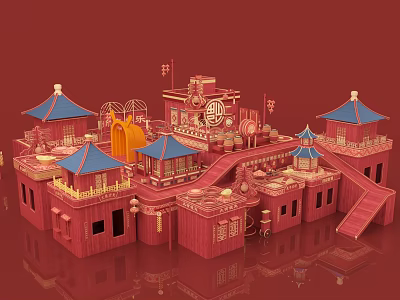Cartoon Scene of Red Chinese Style Buildings With Blue Roof Pavilions Lanterns Stairs and Slide 3d model