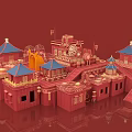 Cartoon Scene of Red Chinese Style Buildings With Blue Roof Pavilions Lanterns Stairs and Slide