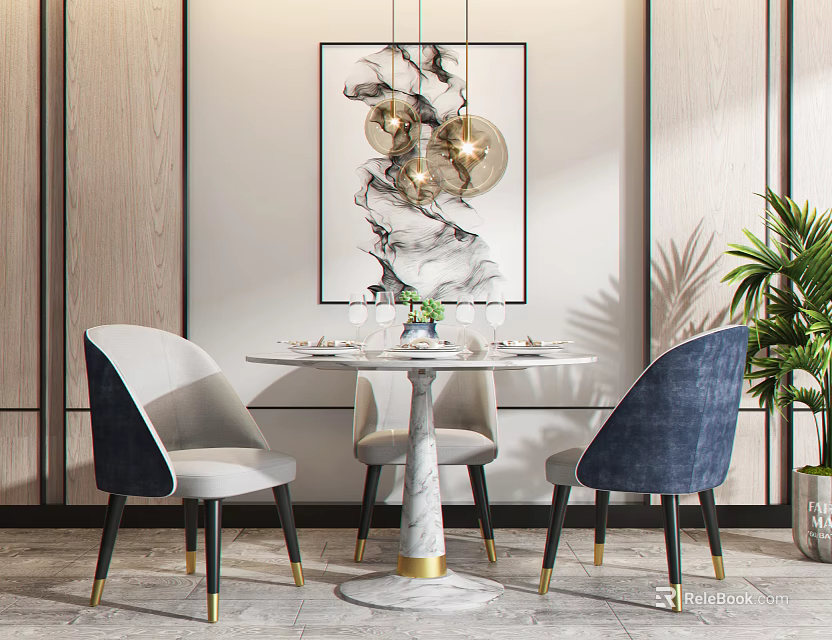 Modern Dining Table Set With Marble Top Blue Gray Chairs And Pendant Lights 3d model