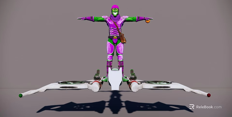 Game Character in Purple Tights With Green Sleeves Brown Pouch and Hover Device Arms Outstretched 3d model 