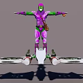 Game Character in Purple Tights With Green Sleeves Brown Pouch and Hover Device Arms Outstretched