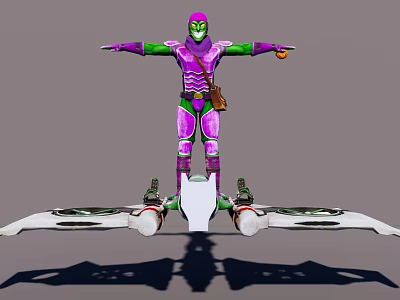 Game Character in Purple Tights With Green Sleeves Brown Pouch and Hover Device Arms Outstretched 3d model
