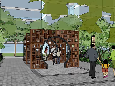 Residential Landscape With Wooden Structure Circular Archway Green Plants And Water Feature 3d model