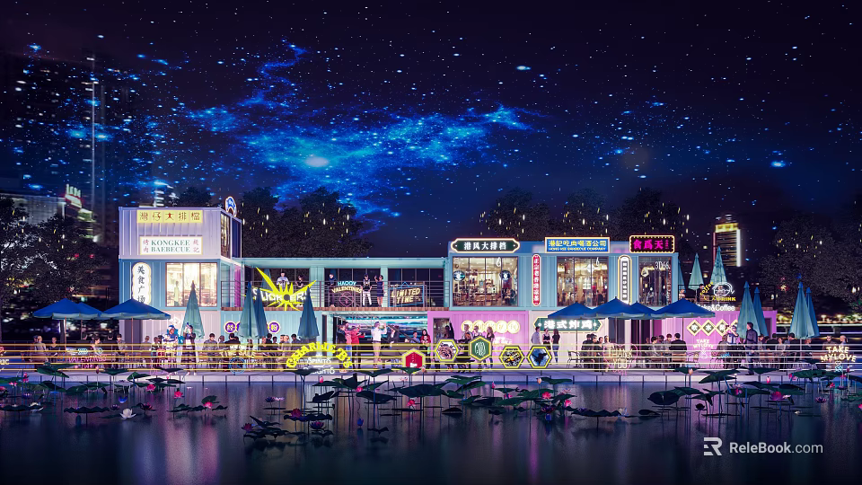 Vibrant Commercial Street at Night with Starry Sky Neon Signs and Waterfront Reflections 3d model 
