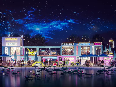 Vibrant Commercial Street at Night with Starry Sky Neon Signs and Waterfront Reflections 3d model