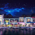 Vibrant Commercial Street at Night with Starry Sky Neon Signs and Waterfront Reflections