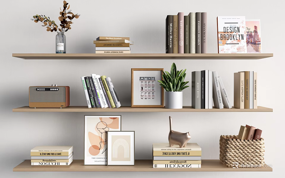 Decorative Ornament Combination On Shelves With Books Vase Radio Art Cat Figurine Plant And Basket 3d model 