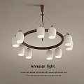 Annular Chandelier With White Lampshades Multiple Bulbs And Brown Wooden Frame