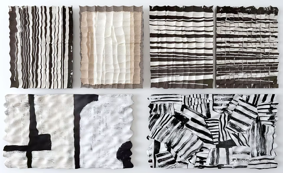 Abstract Textile Art With Black White Beige Striped Wavy Geometric Patterns 3d model 