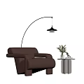 Modern Brown Leather Single Sofa With Arched Floor Lamp Side Table And Flowers 3d model