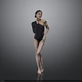 Stylish Woman In Black One Shoulder Bodysuit Standing On Black Floor With Gray Background
