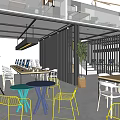 Open Layout Public Office Space With Wooden Bookshelves Modern Chandeliers And Colorful Furniture