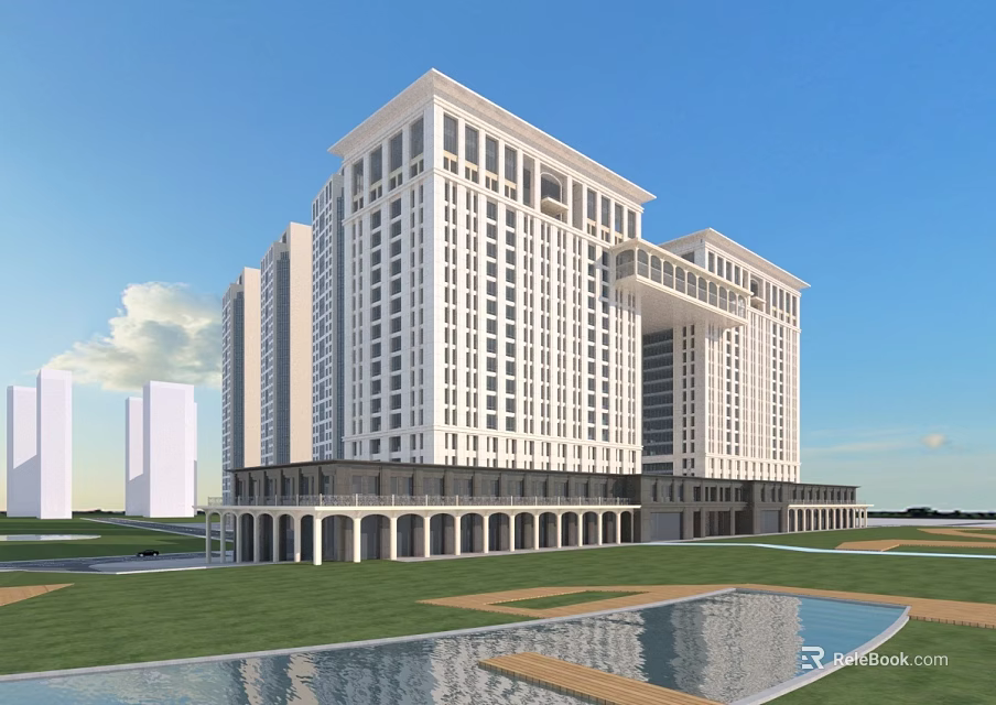 Modern White Office Building With Large Windows Colonnade Base Lawn Water Pool And Blue Sky 3d model 