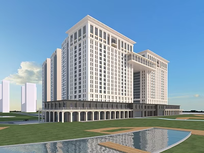 Modern White Office Building With Large Windows Colonnade Base Lawn Water Pool And Blue Sky 3d model