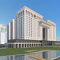 Modern White Office Building With Large Windows Colonnade Base Lawn Water Pool And Blue Sky