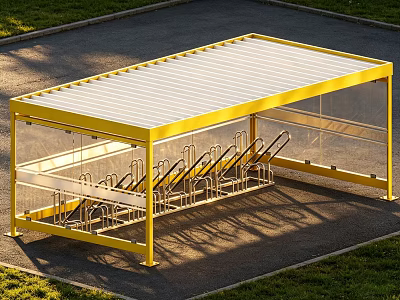 Outdoor Public Bicycle Parking Shelter With Yellow Frame Transparent Sides And Racks 3d model