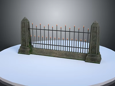 Scenic View Of Old Iron Fence With Stone Pillars On White Platform Gray Background 3d model