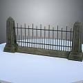 Scenic View Of Old Iron Fence With Stone Pillars On White Platform Gray Background
