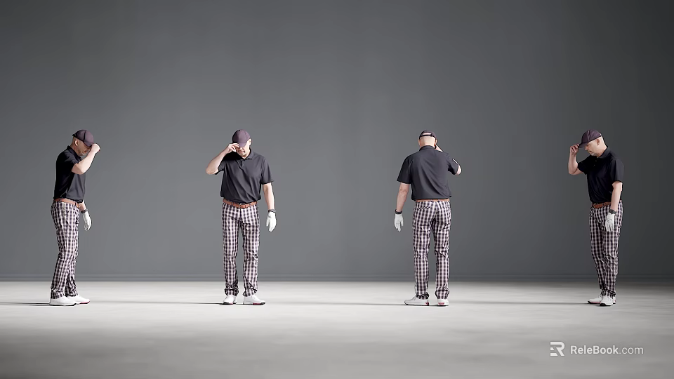 Men In Dark Shirts Adjusting Caps With Checkered Pants And Gloves 3d model 