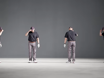 Men In Dark Shirts Adjusting Caps With Checkered Pants And Gloves 3d model