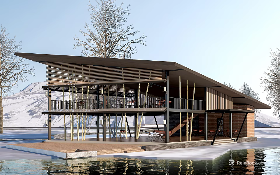Waterfront Visitor Center With Wooden Roof Terrace And Snowy Mountain Views 3d model 