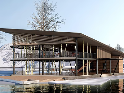 Waterfront Visitor Center With Wooden Roof Terrace And Snowy Mountain Views 3d model