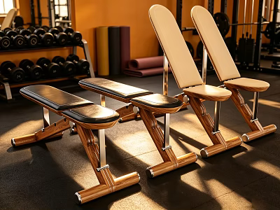 Wooden Frame Fitness Benches With Metal Supports And Black Padded Seats In Gym 3d model
